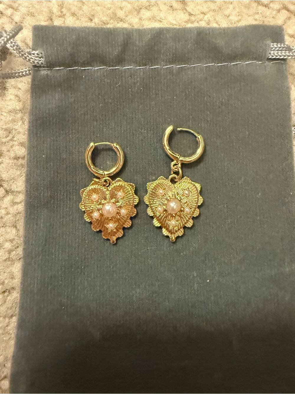 Gold Floral Heart Drop Hoop Earrings